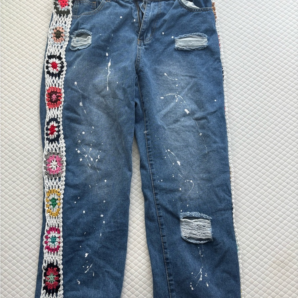 SHEIN Blue Jeans with Colorful Crochet Side